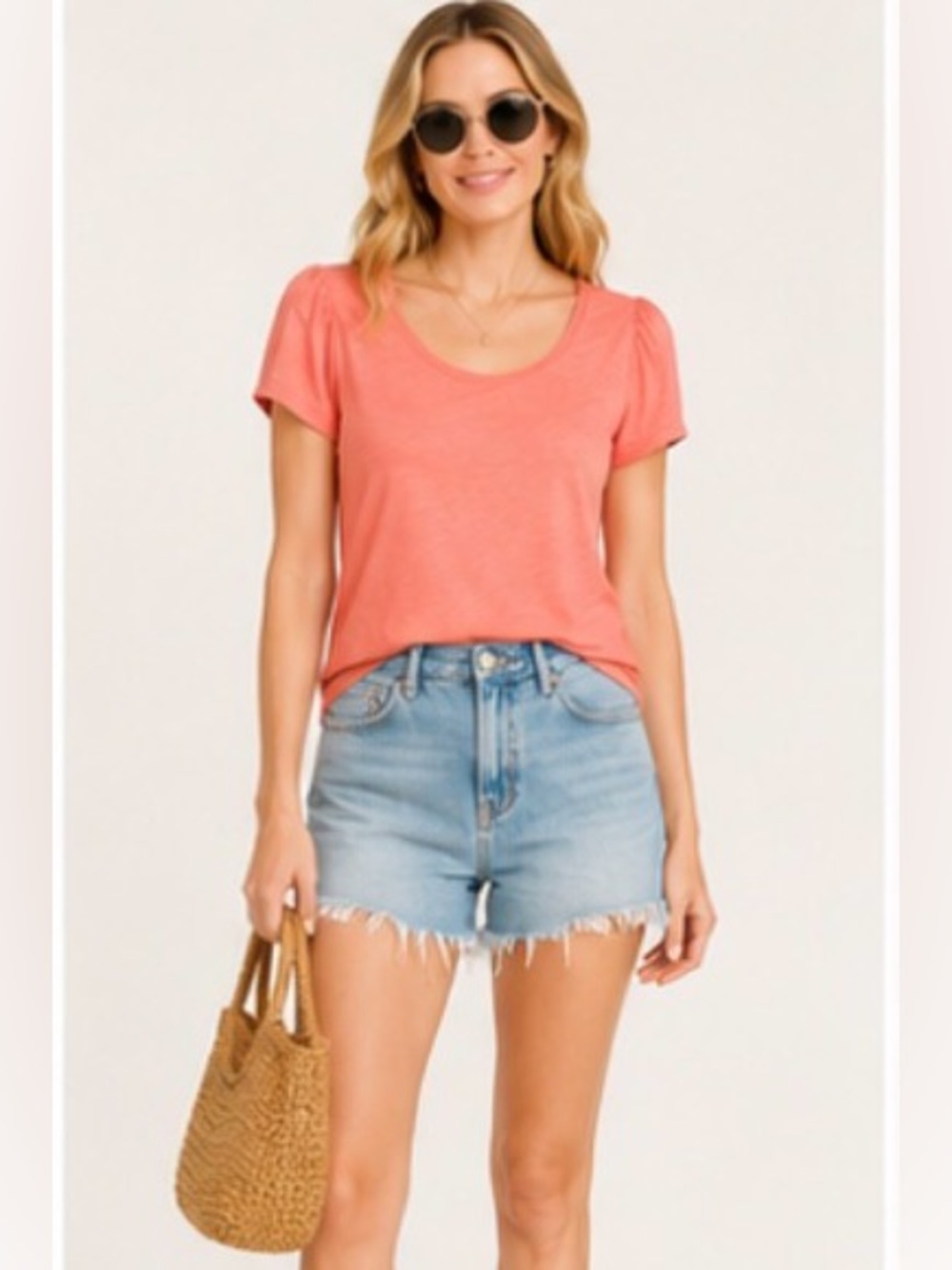 NWT SANCTUARY Coral Slub Knit Puff Sleeve Scoop Neck Tee Size XS